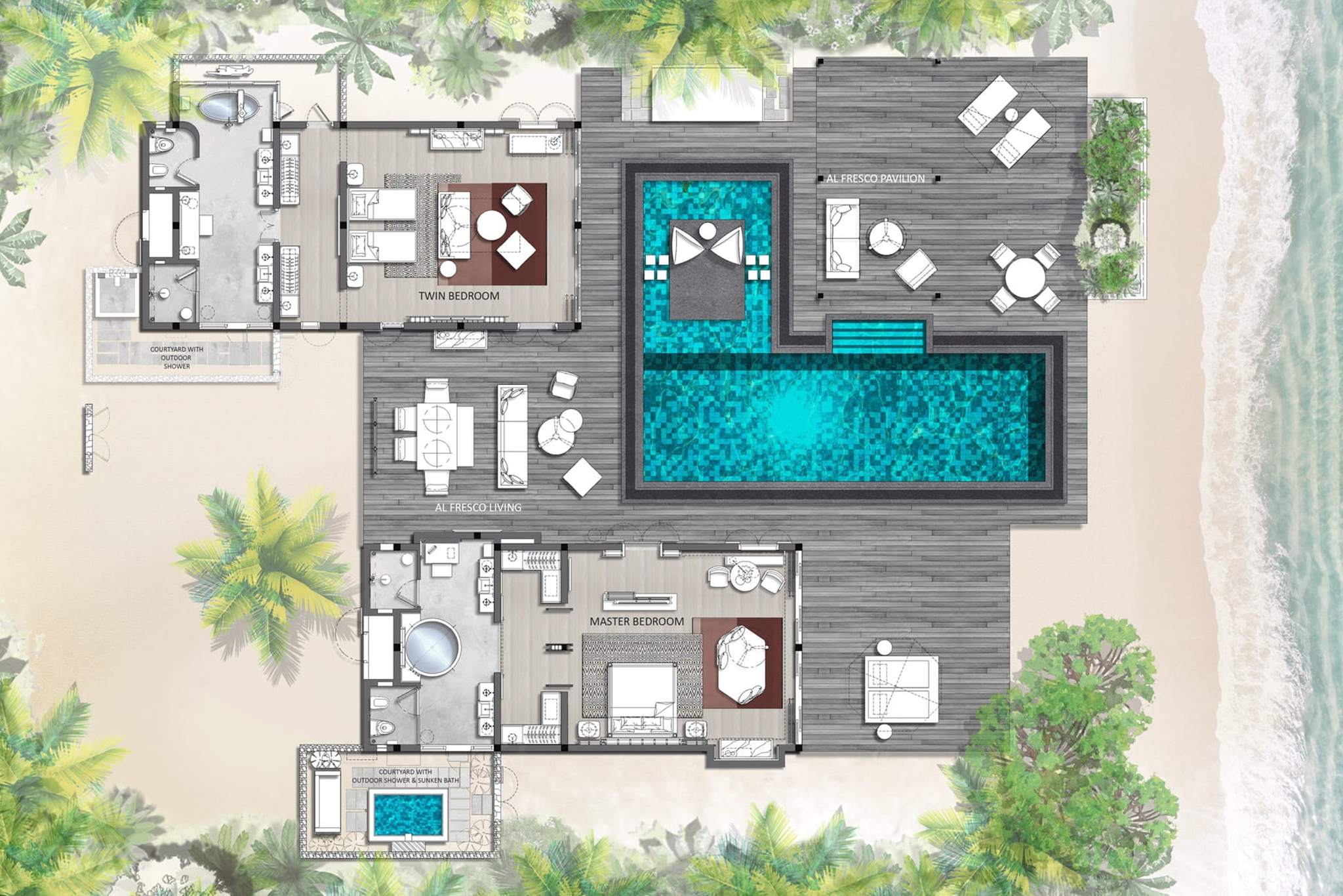 FS Landaa Giraavaru - Two Bedroom Oceanfront Bungalow - Partial Sea-View Floor Plan 