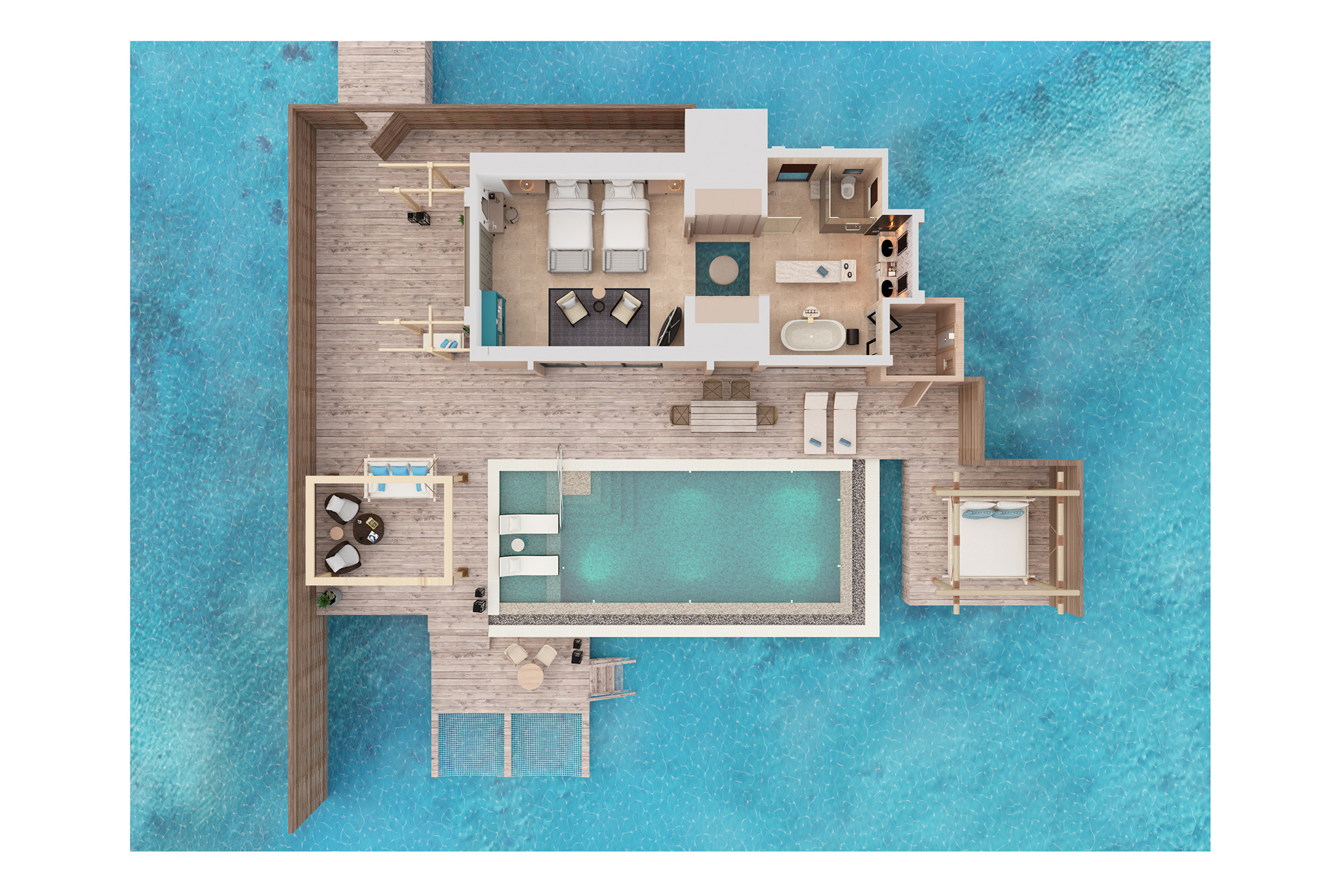 Waldorf Astoria – Two Queen Bedded Overwater Villa with Pool – Floor Plan Waldorf Astoria - Two Queen Bedded Overwater Villa with Pool - Floor Plan