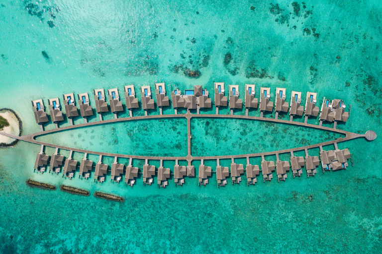 Fairmont Maldives, Sirru Fen Fushi Water Villas aerial