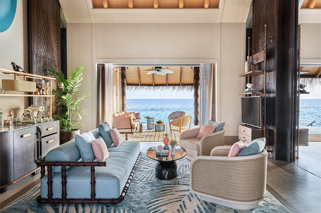 Joali_Maldives_Luxury Sunset Water Villa with Pool Living Room Joali Maldives Sunset Luxury Water Villa with Pool
