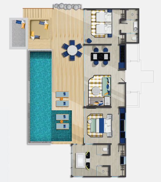 Avani + Fares Bedroom Sunset Overwater Pool Villa Floorplan