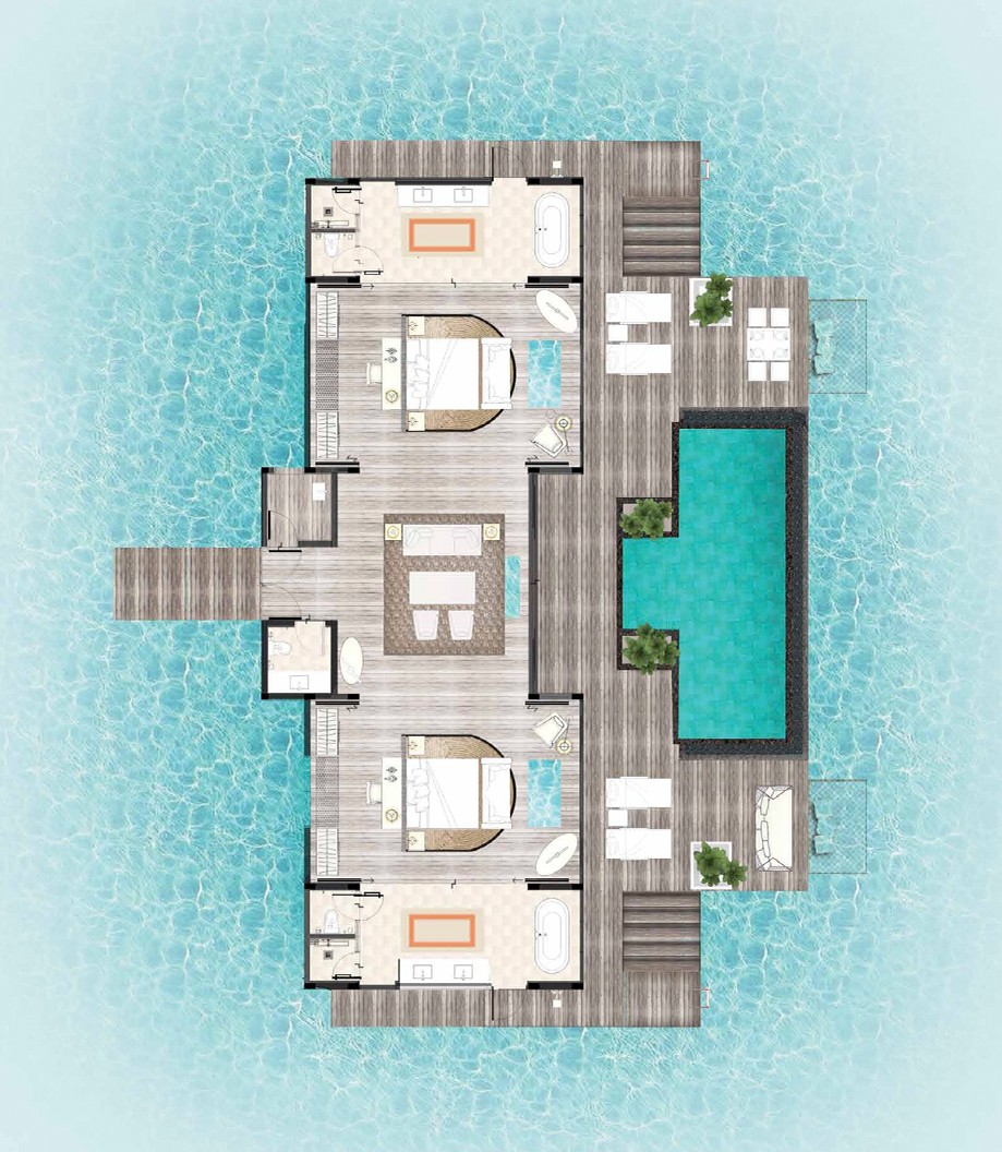 Hilton Maldives Amingiri - Two-Bedroom Overwater Pool Villa Floor Plan