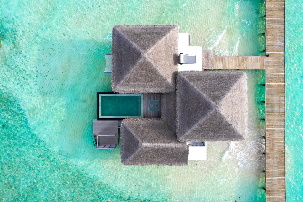 Raffles Maldives Meradhoo Resort Overwater Villa aerial