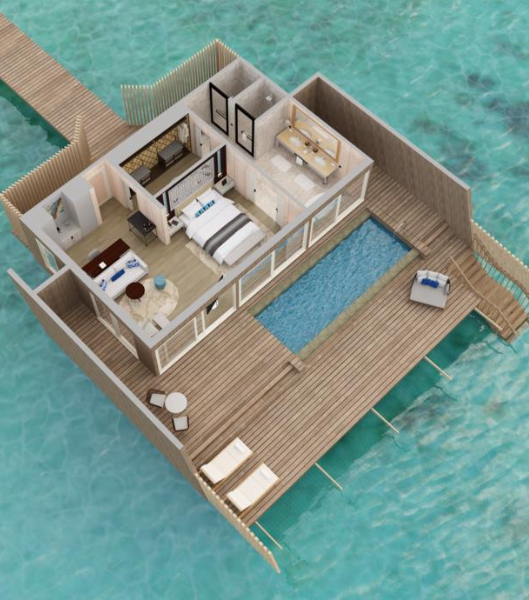 The St. Regis Maldives Vommuli Resort Lagoon Overwater Villas with Pool Floor Plan