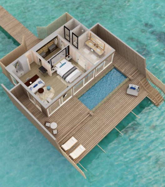 The St. Regis Maldives Vommuli Resort Sunset Overwater Villa with Pool Floor Plan